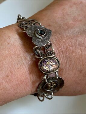 Artisan Mixed Metal Multi Gemstone Statement Bracelet - Green & Blue Accents